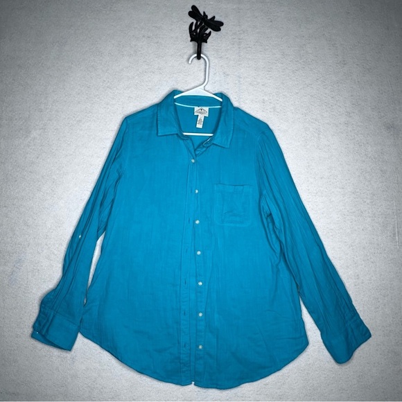 St. John's Bay Tops - St. John's Bay - 100% Cotton - Turquoise Casual Button Down Shirt - Size Large
